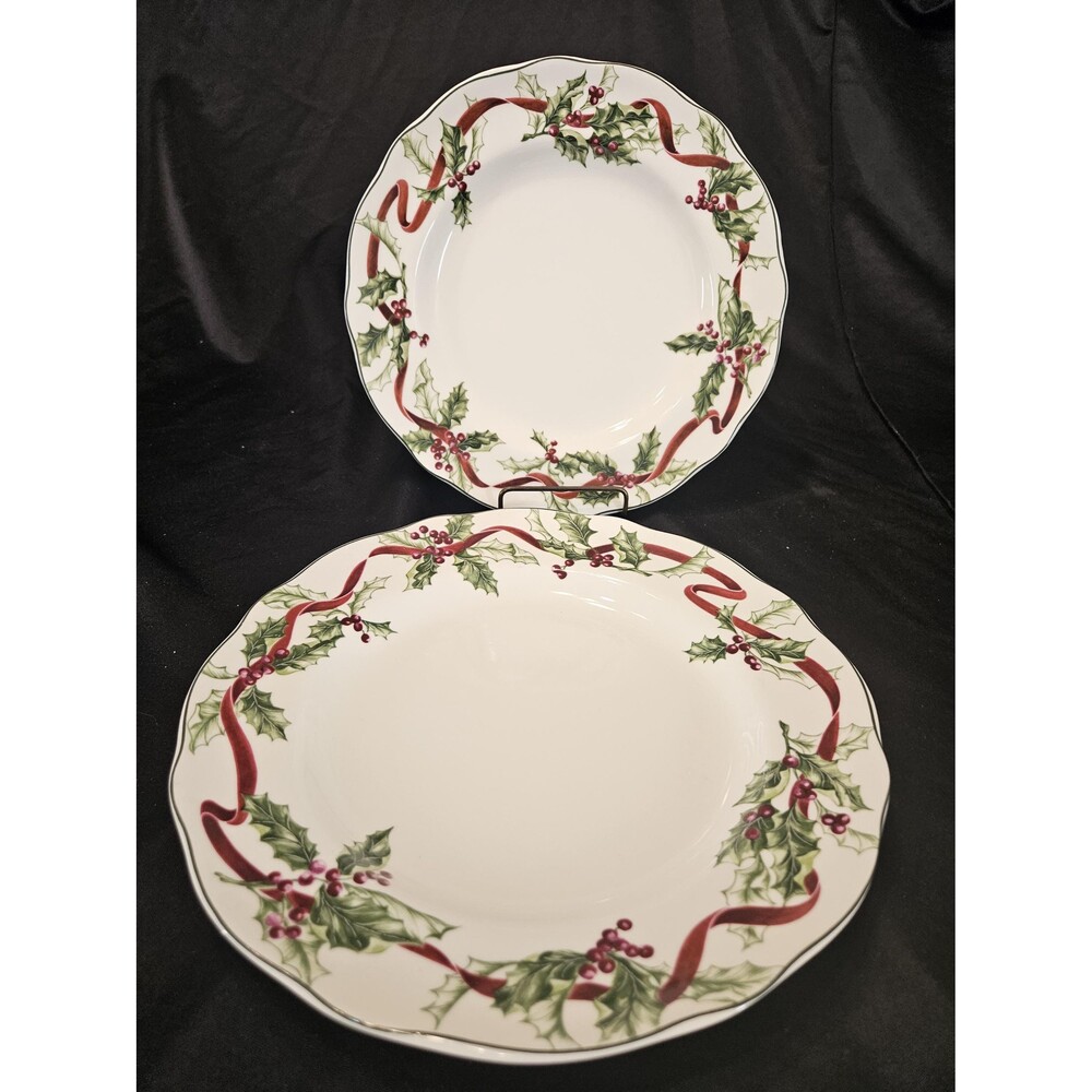 Vintage 2 qty. Charter Club 1998 Winter Garland Red Ribbon & Holly Dinner Plates